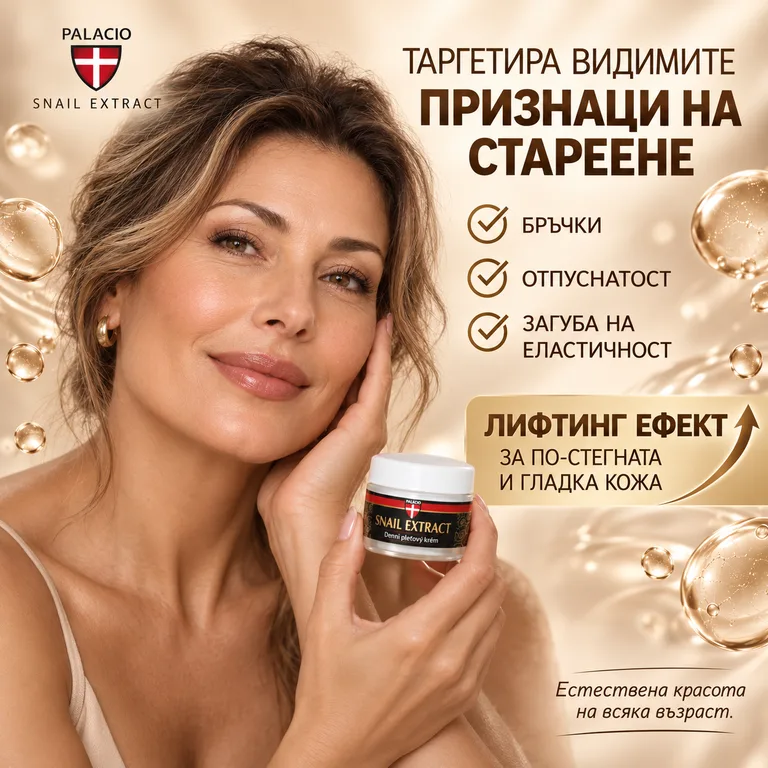 Рекламна визия на Snail Extract с жена, бурканче крем и текст за лифтинг ефект